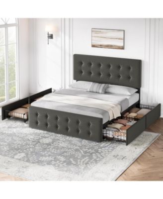 Bed Frame with Adjustable Headboard, Upholstered Platform Bed Frame with 4 Storage Drawers, Button Tufted Design, Wooden Slats Support.