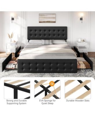  Bed Frame with 4 Storage Drawers and Headboard, Velvet Upholstered Platform Bed Frame with Wooden Slats Support