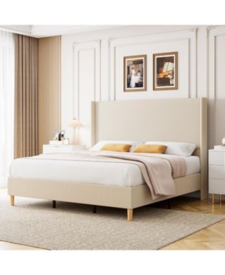 Bed Frame, Upholstered Platform Corduroy Bed Frame with Vertical Channel Tufted Wingback Headboard, Strong Wooden Slats, Easy Assembly