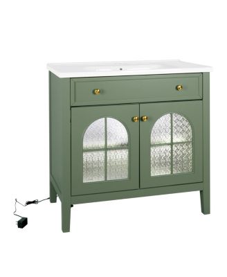 36" Bathroom Vanity with Sink, Medieval Glass Doors, Motion Lighting, Flip Drawer & Adjustable Storage for Modern Bathrooms