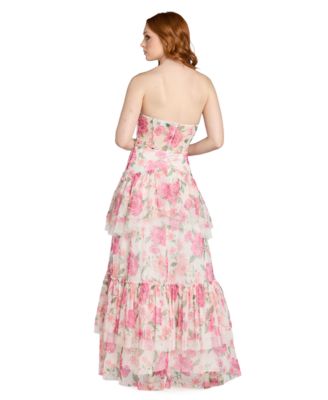 Juniors' Sequin Floral Corset Strapless Ball-Gown