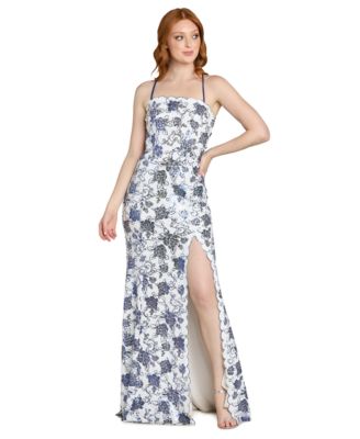 Juniors' Floral Sequin Long Gown
