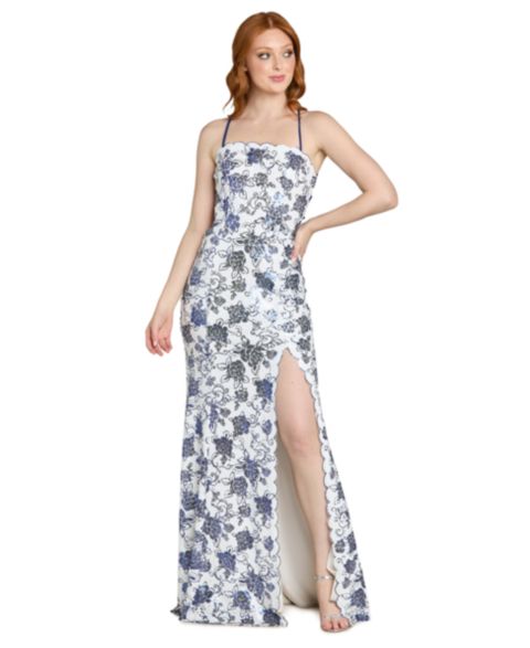 Женское платье Morgan & Company Juniors' Floral Sequin Long Gown, цвет: Королевский синий / Белый