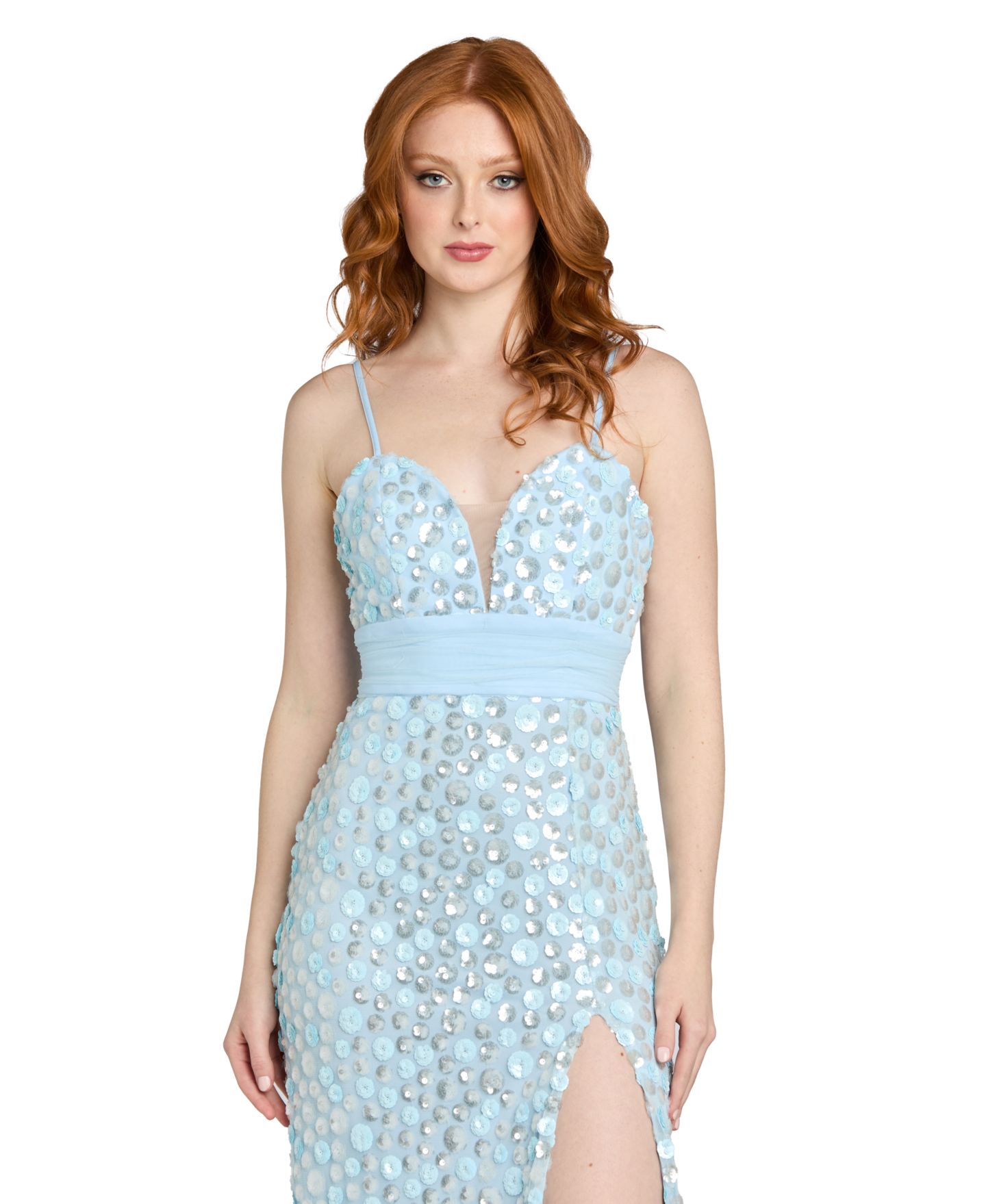 Женское платье Morgan & Company Juniors' Sequin Paillettes Front-Side Slit Long Gown, цвет: Синий — фото 2