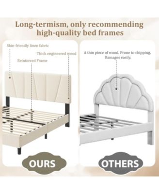 Platform Bed Frame for Kids, Linen Upholstered Headboard & Wooden Slats Support, Noise-Free Mattress Foundation/No Box Spring Needed