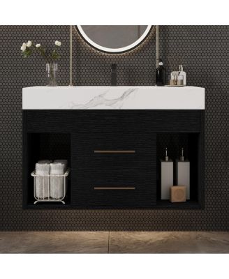 29.9" Floating Bathroom Vanity with Ceramic Sink, Sintered Stone Top, 2 Soft Close Drawers, Wall Mounted for Small Bathrooms
