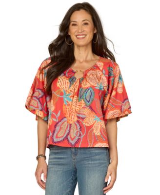 Petite Bubble Bell-Sleeve V-Neck Printed Woven Top