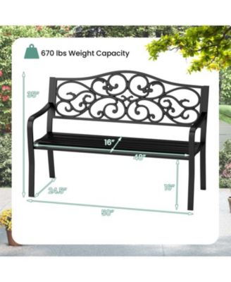 50 Inch Cast Iron Patio Bench with Floral Design Backrest