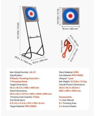 Axe Throwing Game, Plastic Bristle Target with 8 Axes and Foldable Steel Frame for Indoor and Outdoor Play