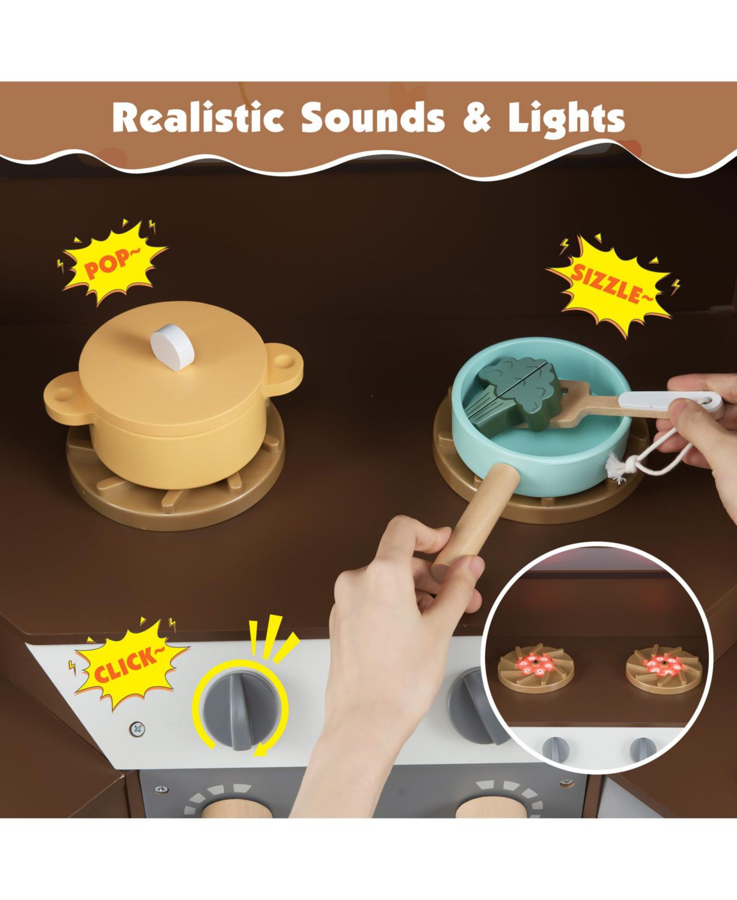 Детская игрушка Mecale Corner Wooden Play Kitchen with Lights & Sounds, Ages 3+, цвет: Коричневый — фото 4