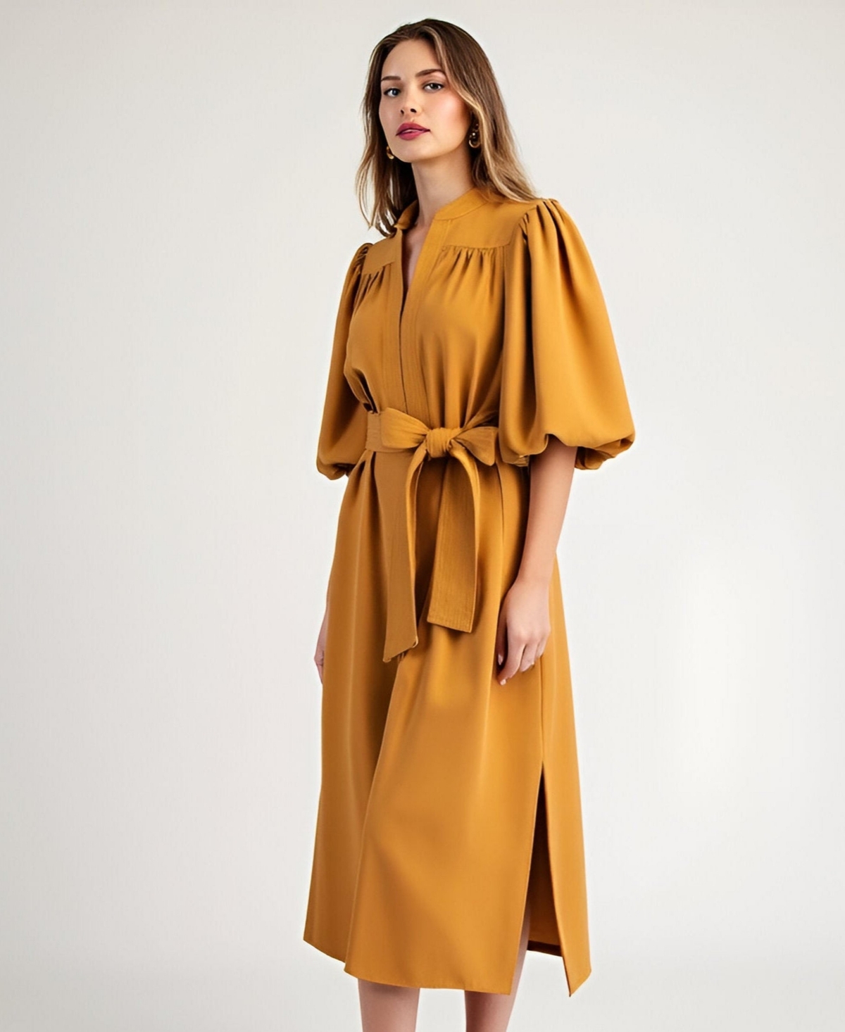 Modenaire Women's Belted Puff Sleeve Midi Dress