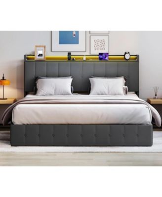 Bed Frame with Lift Up Storage, Upholstered Velvet Bed with LED Lights & Power Outlets, Hydraulic Support, No Box Spring Needed