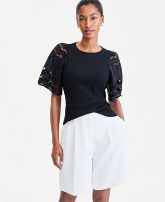 Women's Eyelet Puff Sleeve Ribbed Knit Top