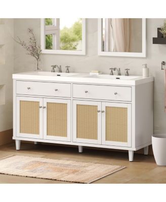 60" Double Sink Bathroom Vanity, Modern Solid Wood Freestanding Cabinet with SMC Top, Rattan Doors & Flip-Out Tray