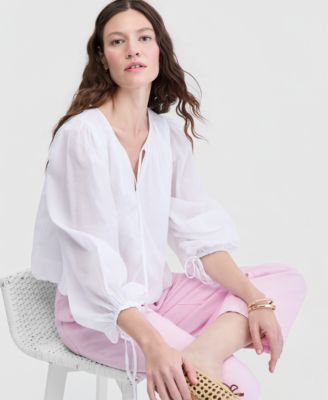 Women's Cotton Solid Tie-Front Volume-Sleeve Blouse