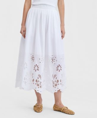 Women's Cotton Solid Eyelet Midi Skirt