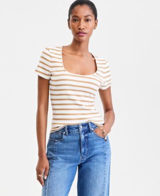 Women's Scoop-Neck Rib Contrast-Stitch Top