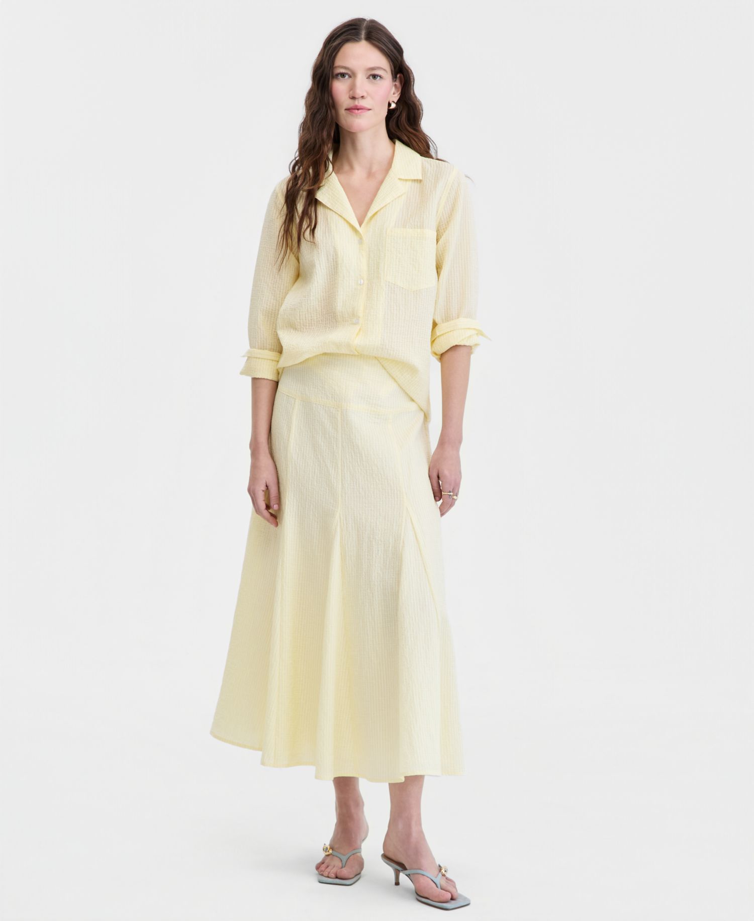 Women's Drop-waist Seersucker Godet Midi Skirt