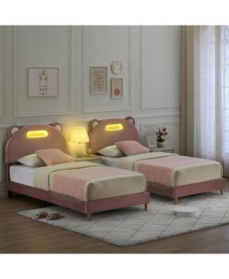 Bed Frame with LED Lights, Upholstered Platform Bed with Headboard & Wooden Slats Support, Noise-Free, No Box Spring Needed