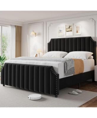 Velvet Bed Frame, 50.2 in Tall Headboard & Footboard, Upholstered Platform Queen Bed Frame with Nailhead Trim, No Box Spring Needed