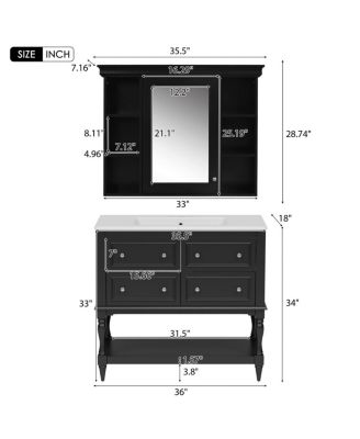 36'' Luxury Bathroom Vanity Set with Mirror Cabinet, Solid Wood & MDF, Large Storage Shelf for Modern Bathrooms