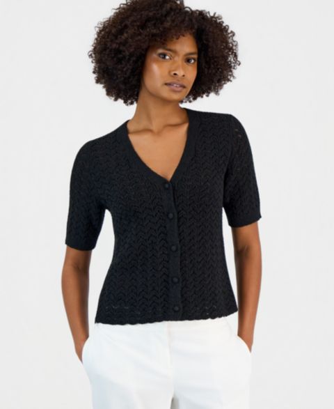 Женский свитер Kasper Petite V-Neck Button-Front, цвет: Чёрный