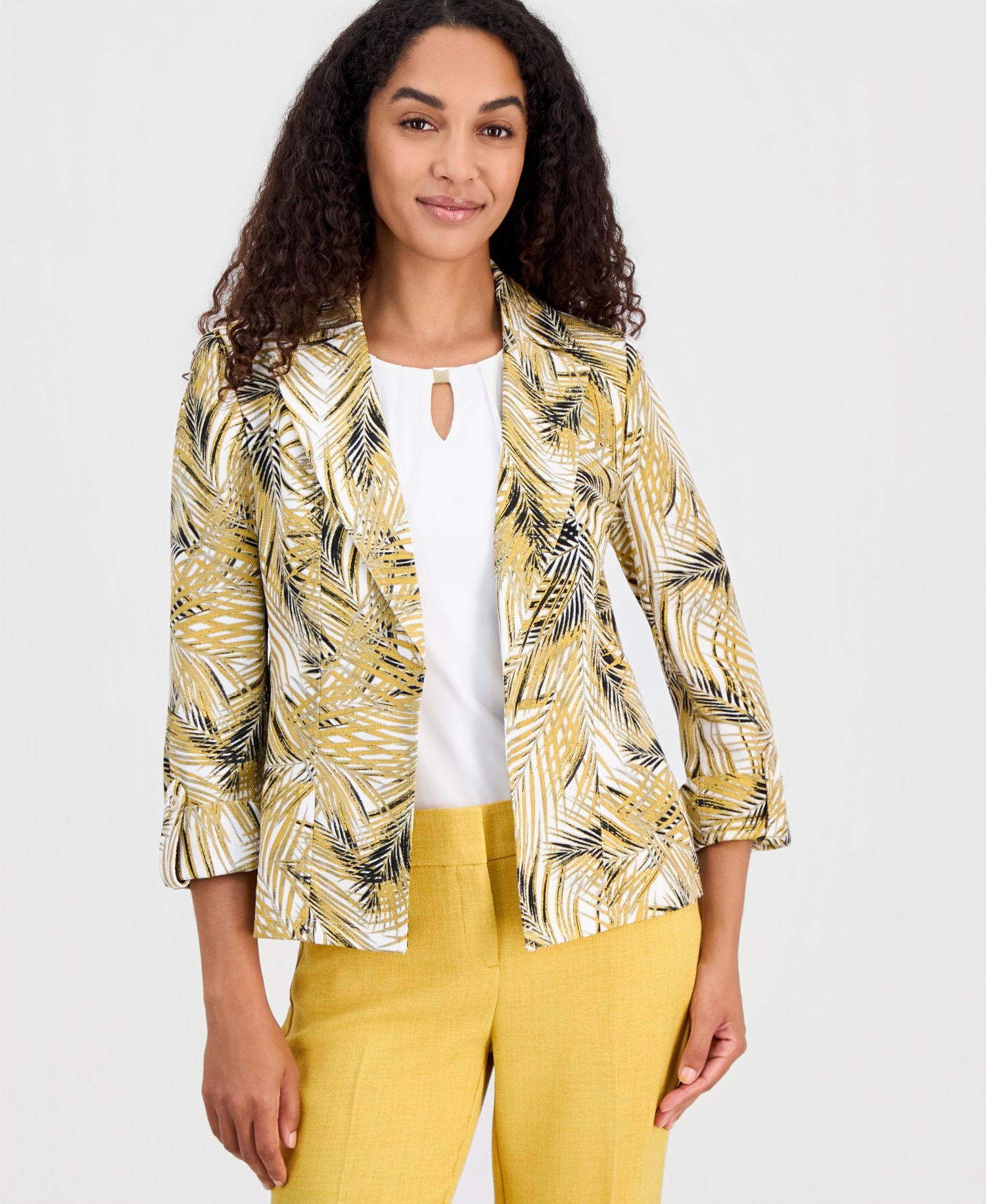 Women's 3/4-Sleeve Open-Front Palm Print Blazer, Regular & Petite