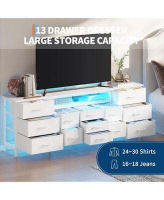 70 Inch Long Dresser with 13 Drawers, TV Stand for 65-80 Inch TV with Charging Station & LED Lights
