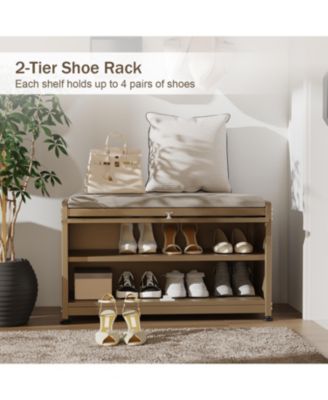 Shoe Storage Bench with Cushion, Modern Flip-Down Shoe Cabinet & Sturdy Metal Frame for Entryway Seating