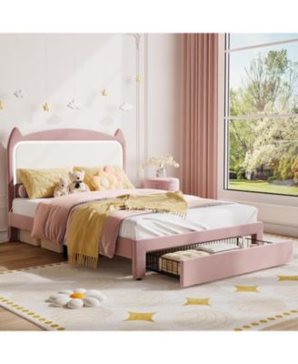 Full Upholstered LED Bed Frame with Storage Drawer & Cute Cat Headboard, Velvet Princess Platform Bed Frame
