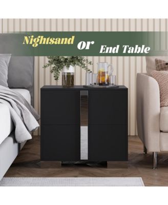End Table - Elegant Nightstand, Wood Bedside Table with Drawers, Metal Foot and Mirrored Metal Handles for Bedroom, Living Room