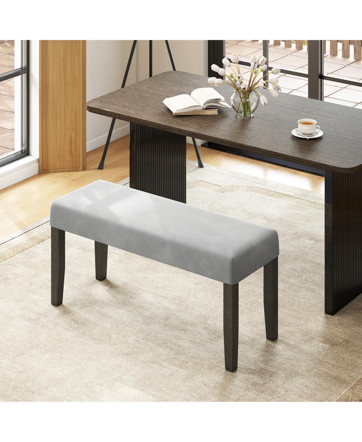 Gymax Upholstered Bedroom Bench w/ Padded Seat & Solid Wood Legs for Dining Room
