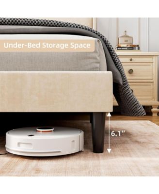 Bed Frame with Upholstered Headboard,Wooden Platform Bed Frame with 2 Storage Pockets,Vertical Channel Tufted Wingback,Strong Wooden Slats