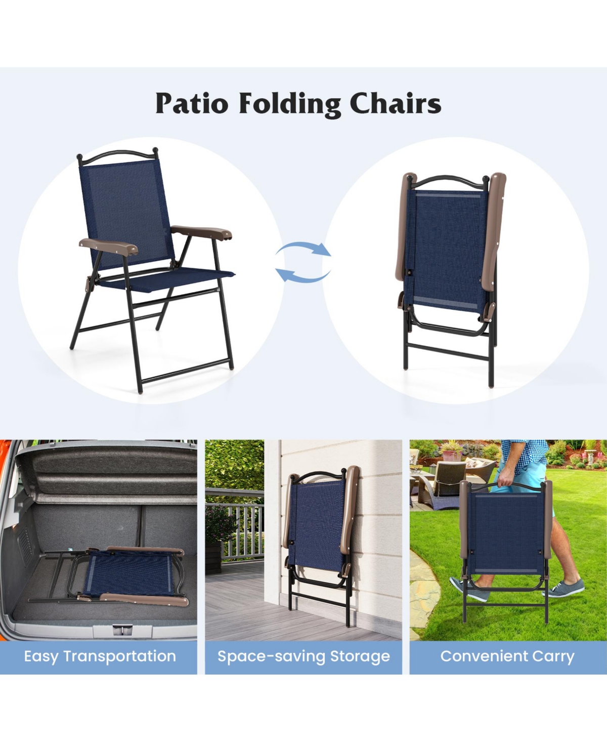 Gymax Patio Folding Chairs Set of 2 Outdoor Dining Chairs w/ Ergonomic Backrests & Armrests