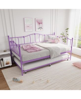 Daybed with Trundle Heart Design Noise Free Platform Sofa Bed Steel Slats Space-Saving Bedroom Purple