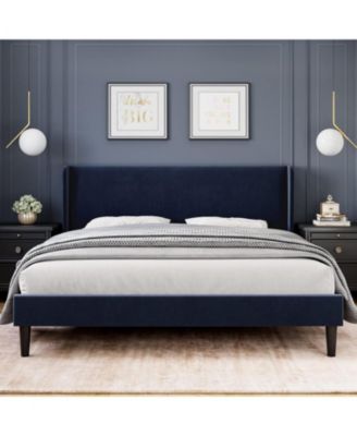 Queen Upholstered Platform Bed Wingback Headboard Velvet 2 Storage Pockets Wooden Slat Support Box Spring Optional