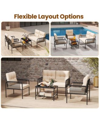 8 PCS Patio Furniture Set with Loveseat Tempered Glass Coffee Table & Soft Cushions