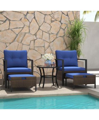 5 PCS Outdoor Furniture Set Rattan Chairs & Ottomans with Glass Topped Coffee Table