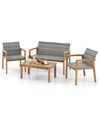 5 PCS Outdoor Furniture Set Rattan Chairs & Ottomans with Glass Topped Coffee Table