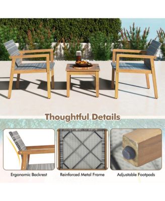 3 PCS Outdoor Furniture Set, Acacia Wood Frame Sofa Set with Rattan Seat