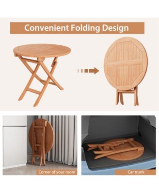 31.5'' Patio Round Folding Dining Table Solid Indonesia Teak Wood Natural Outdoor Portable