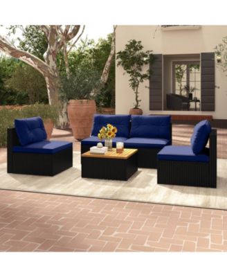 5 Piece Outdoor Furniture Set with Seat & Back Cushions Acacia Wood Tabletop