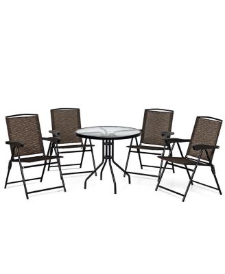5PC Bistro Outdoor Patio Furniture Set Glass Table W/4 Folding Adjustable Chairs
