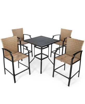 5PCS Outdoor Bistro Set Rattan Bar Stool Table Set with Cushions Steel Frame