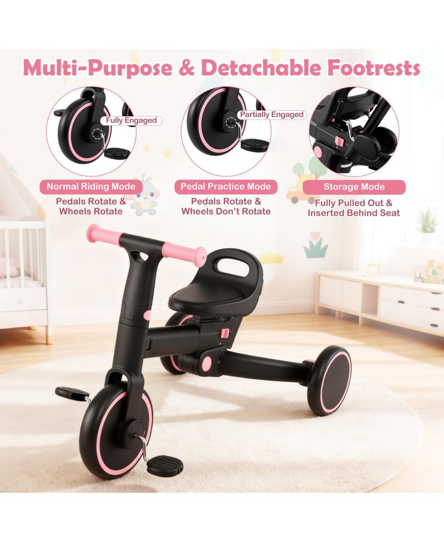 Детская игрушка Mecale 4-in-1 Foldable Tricycle With Push Handle, Ages 3+ — фото 5