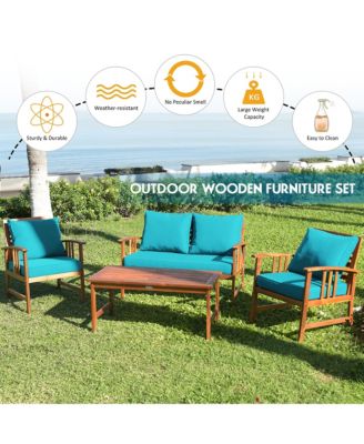 4PCS Wooden Patio Furniture Set Table Sofa Chair Cushioned Garden