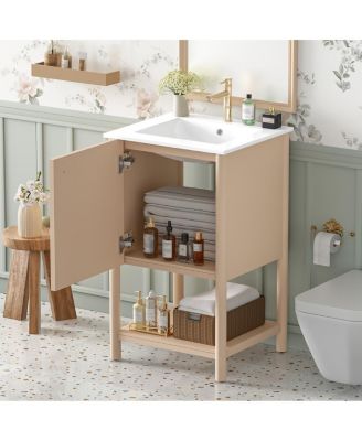 20" Modern French Bathroom Vanity Cabinet with Ceramic Sink, Soft Close Door, Cream Carved Pattern Storage for Small Bathrooms