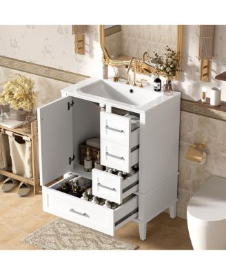 24.8" Bathroom Vanity with Ceramic Sink, Modern Freestanding Solid Wood MDF Cabinet, 3 Drawers Soft Close Door for Small Spaces