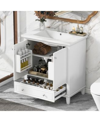 Bathroom Vanity with Ceramic Sink, Adjustable Shelf, Multi-Functional Storage, Solid Wood & MDF