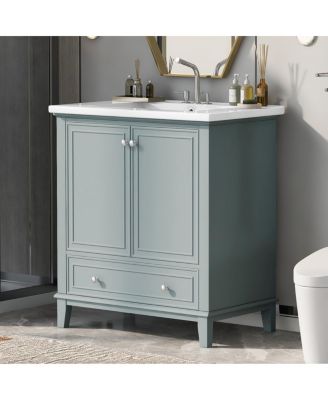 Bathroom Vanity with Ceramic Sink, Adjustable Shelf, Multi-Functional Storage, Solid Wood & MDF